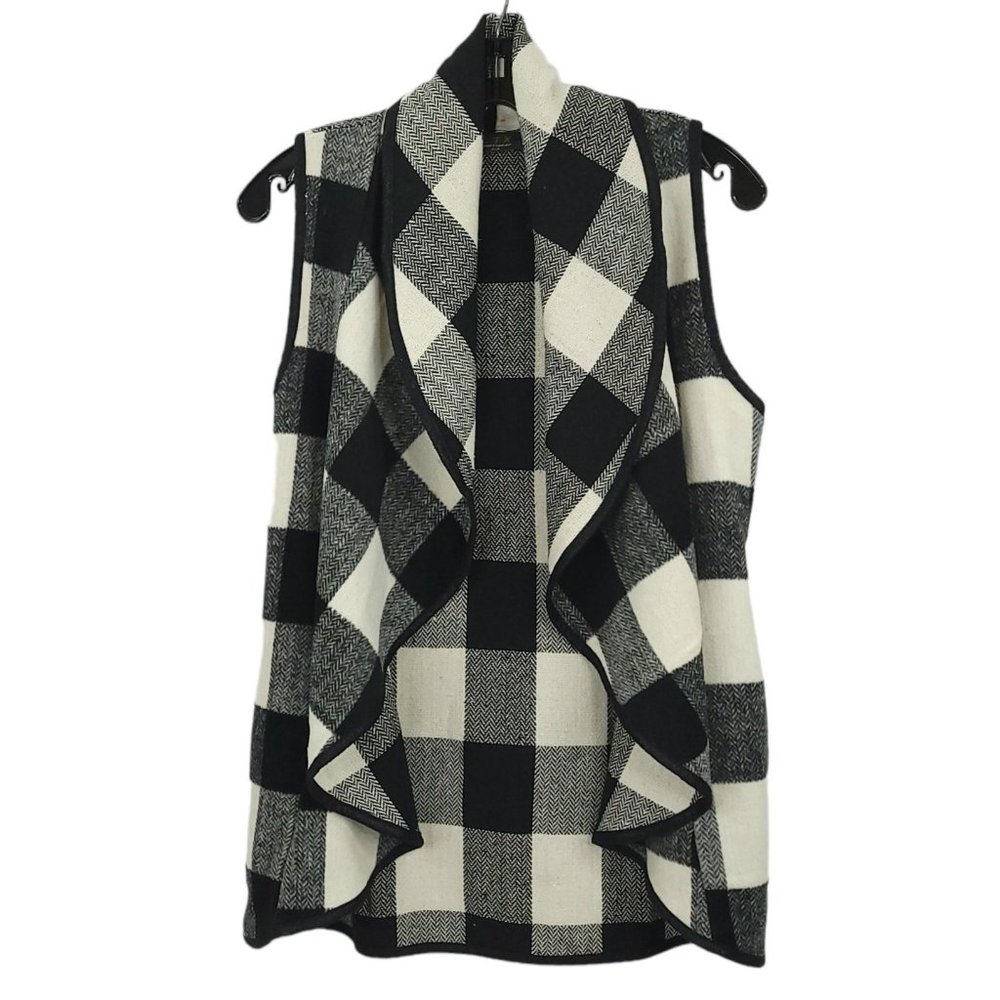 LTX Sportswear Flyaway Open Vest Cardigan Size Small Black White Buffalo Plaid